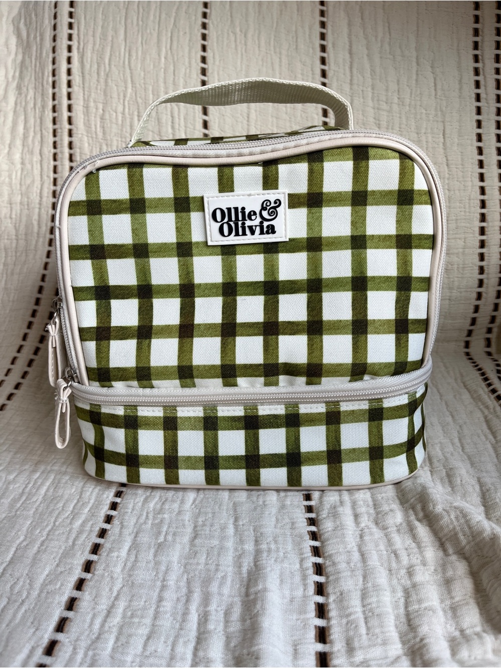 Green Plaid Double-Compartment Lunch Bag